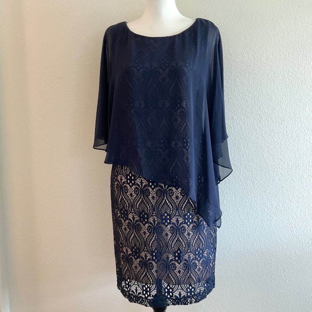 Connected Dress Chiffon Overlay Lace Sheath Blue Size 10 Petite
